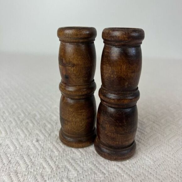 Vintage Carved Handmade Wooden Pair Two 2 MCM Boho Candle Holders Brown Retro - Picture 6 of 10